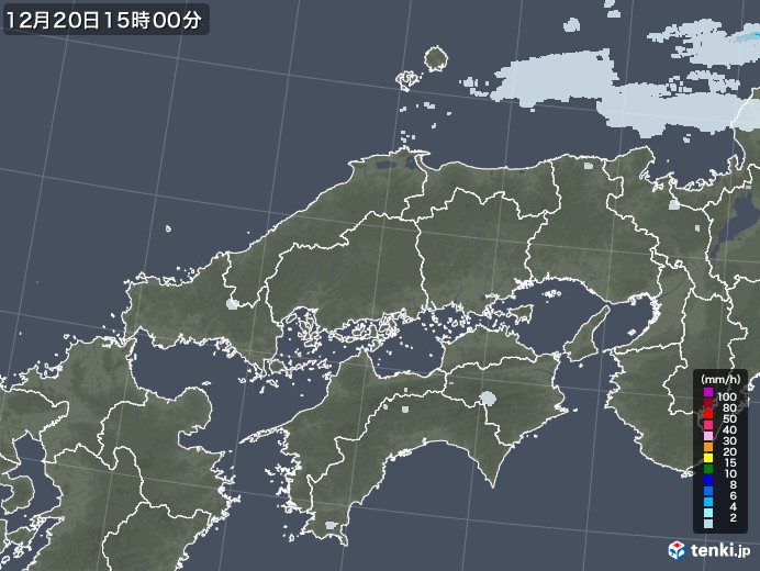 中国地方の雨雲レーダー(2021年12月20日)