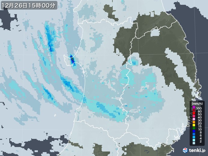 秋田県の雨雲レーダー(2021年12月26日)