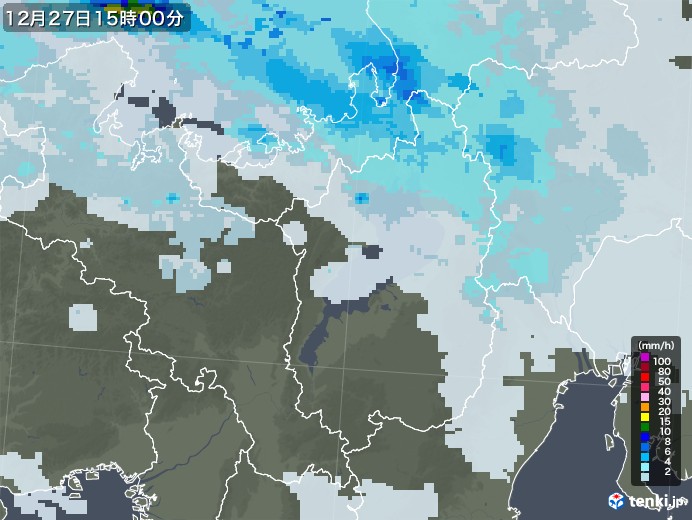 滋賀県の雨雲レーダー(2021年12月27日)