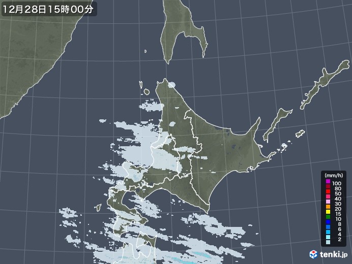 北海道地方の雨雲レーダー(2021年12月28日)