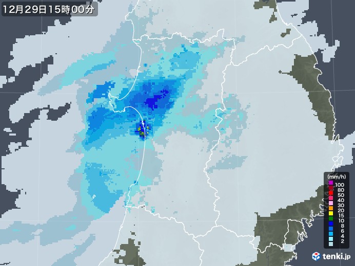 秋田県の雨雲レーダー(2021年12月29日)