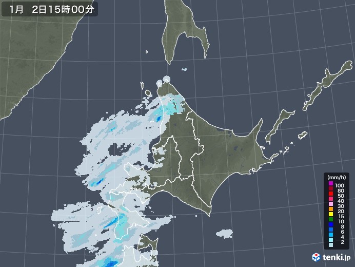 北海道地方の雨雲レーダー(2022年01月02日)