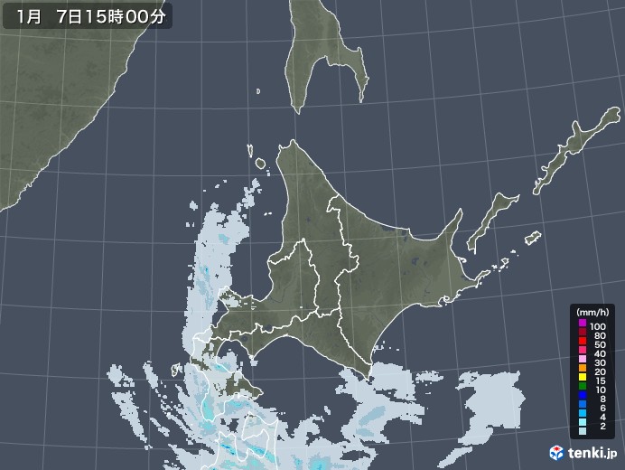 北海道地方の雨雲レーダー(2022年01月07日)