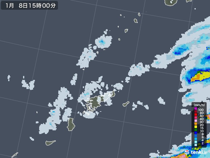 奄美諸島(鹿児島県)の雨雲レーダー(2022年01月08日)