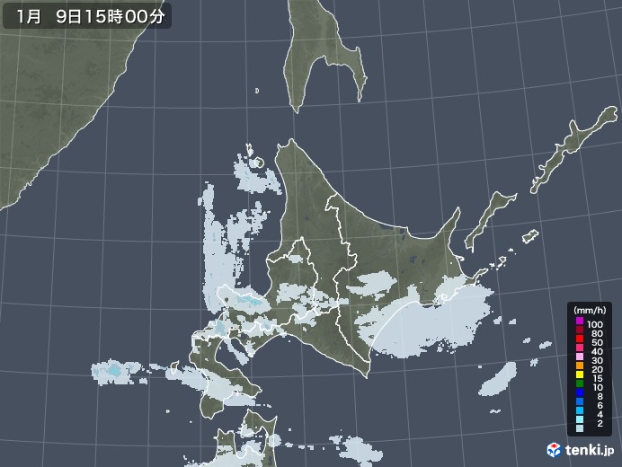 北海道地方の雨雲レーダー(2022年01月09日)