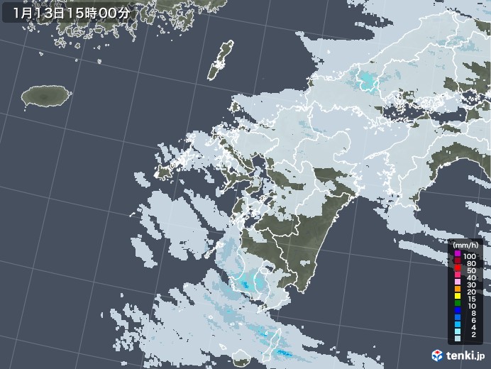 九州地方の雨雲レーダー(2022年01月13日)