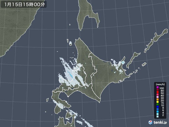 北海道地方の雨雲レーダー(2022年01月15日)