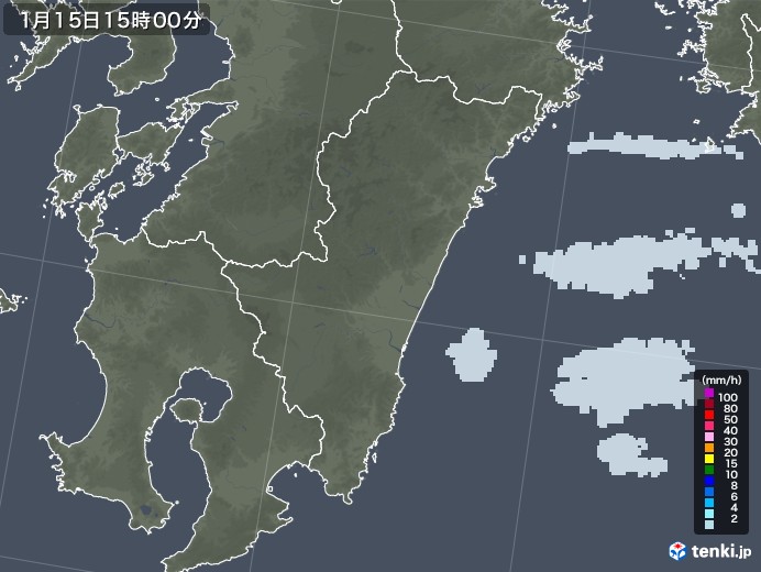 宮崎県の雨雲レーダー(2022年01月15日)