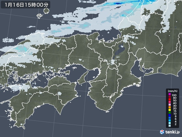 近畿地方の雨雲レーダー(2022年01月16日)
