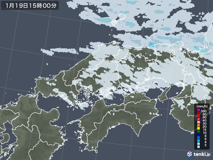 中国地方の雨雲レーダー(2022年01月19日)