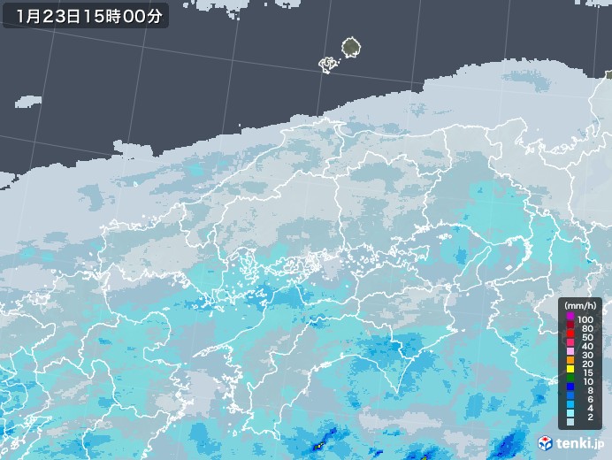 中国地方の雨雲レーダー(2022年01月23日)
