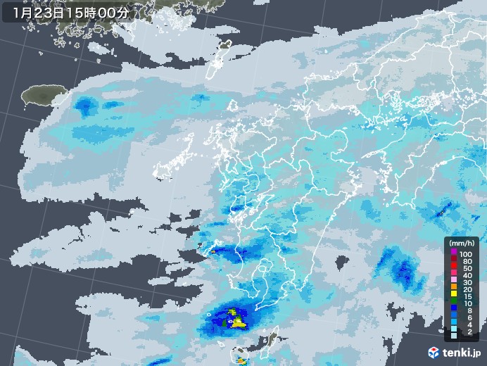 九州地方の雨雲レーダー(2022年01月23日)