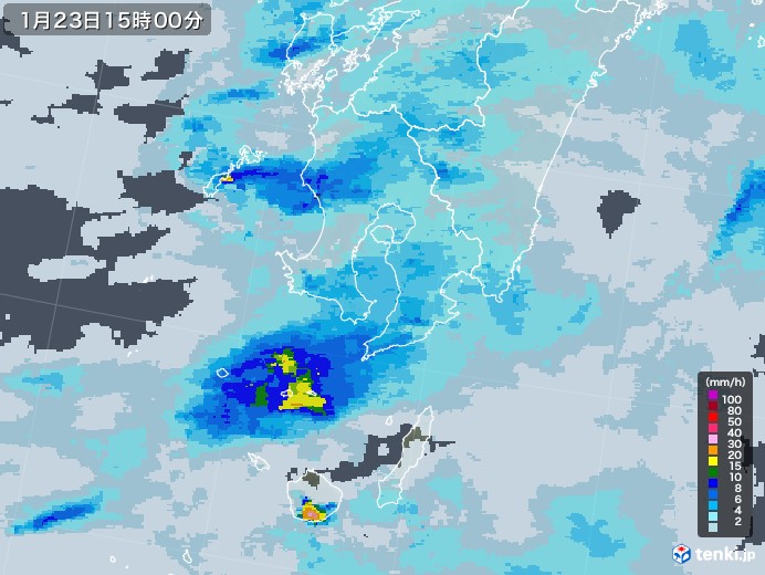 鹿児島県の雨雲レーダー(2022年01月23日)