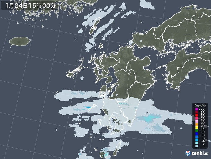九州地方の雨雲レーダー(2022年01月24日)