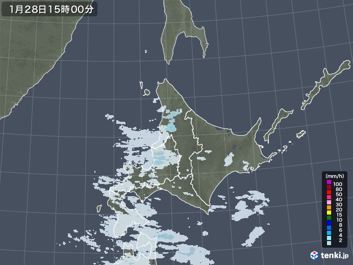 北海道地方の雨雲レーダー(2022年01月28日)