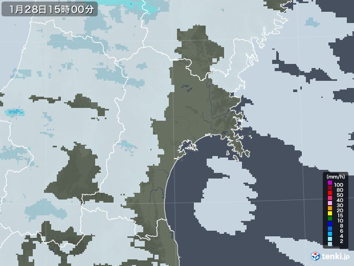 宮城県の雨雲レーダー(2022年01月28日)