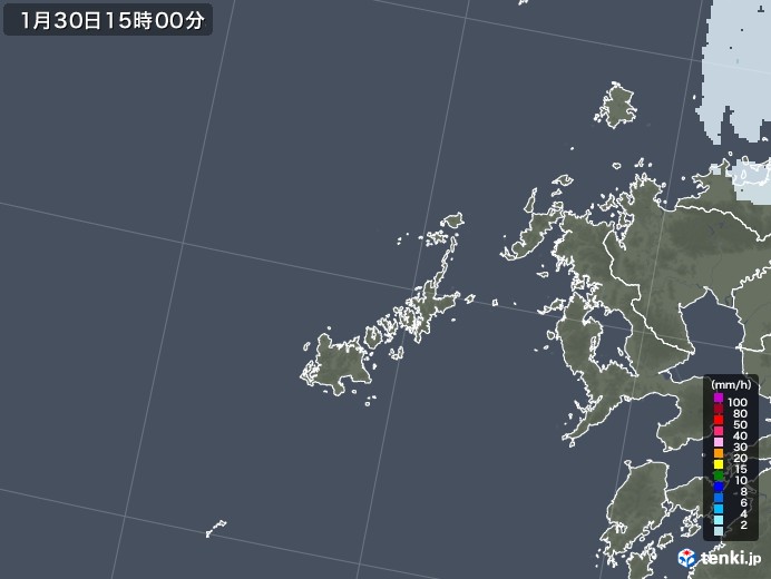 五島列島(長崎県)の雨雲レーダー(2022年01月30日)