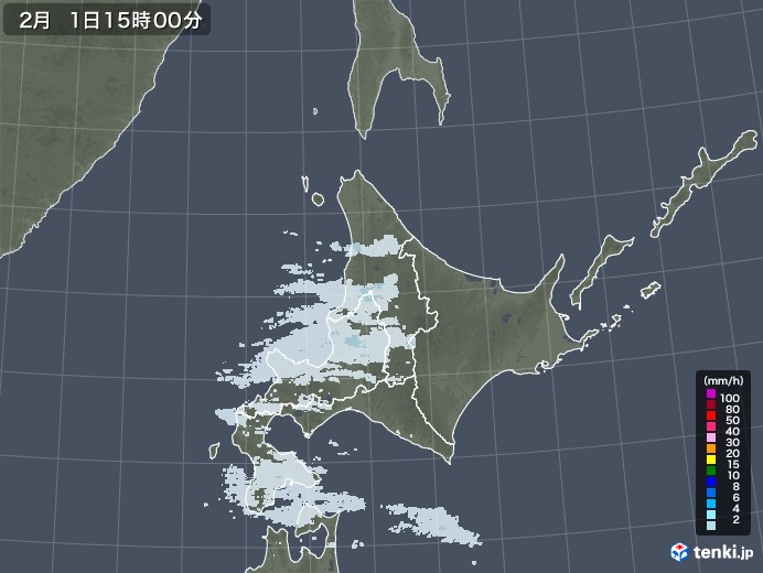 北海道地方の雨雲レーダー(2022年02月01日)