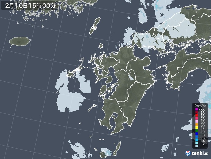 九州地方の雨雲レーダー(2022年02月10日)