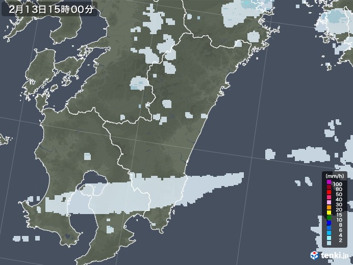 宮崎県の雨雲レーダー(2022年02月13日)