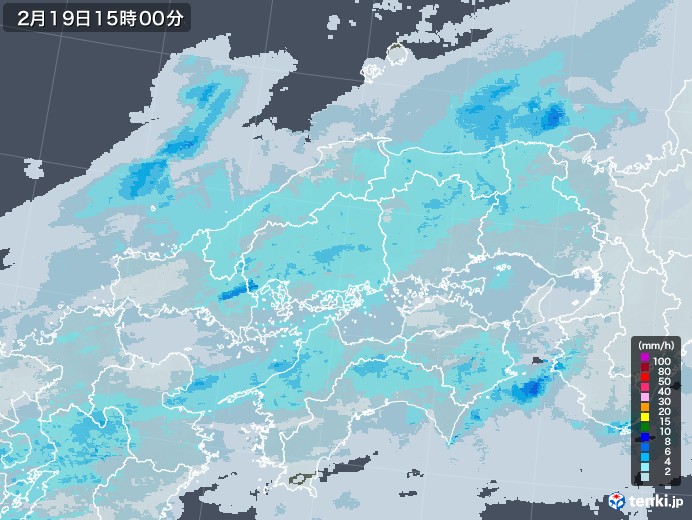 中国地方の雨雲レーダー(2022年02月19日)