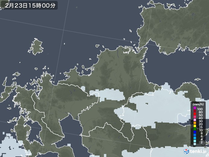 福岡県の雨雲レーダー(2022年02月23日)