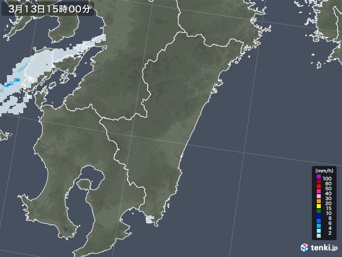 宮崎県の雨雲レーダー(2022年03月13日)