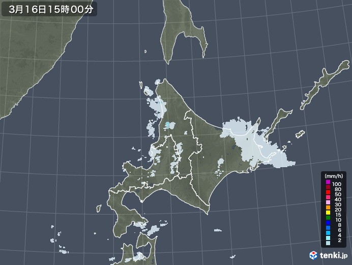 北海道地方の雨雲レーダー(2022年03月16日)