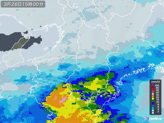 奈良県の雨雲レーダー(2022年03月26日)
