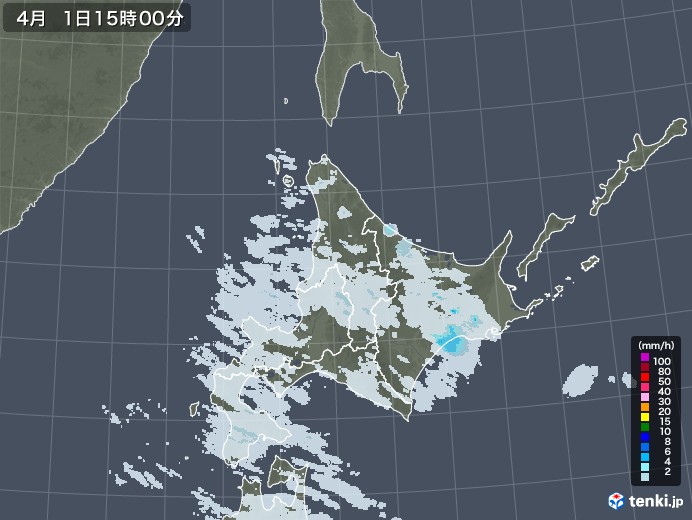 北海道地方の雨雲レーダー(2022年04月01日)