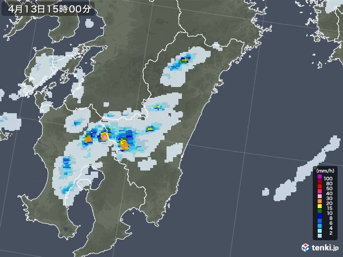 宮崎県の雨雲レーダー(2022年04月13日)