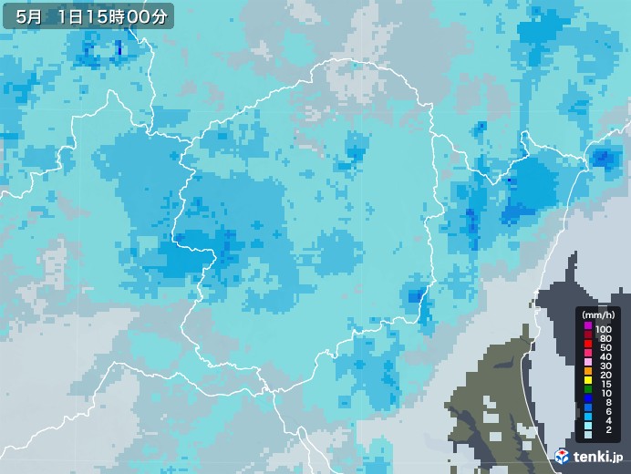 栃木県の雨雲レーダー(2022年05月01日)