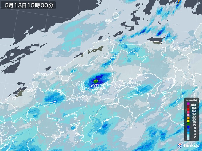 中国地方の雨雲レーダー(2022年05月13日)