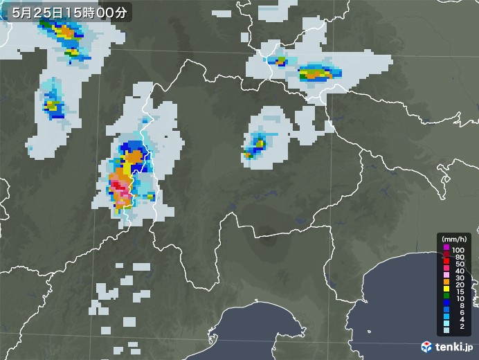 山梨県の雨雲レーダー(2022年05月25日)