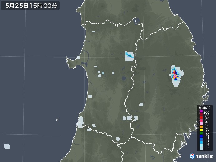 秋田県の雨雲レーダー(2022年05月25日)