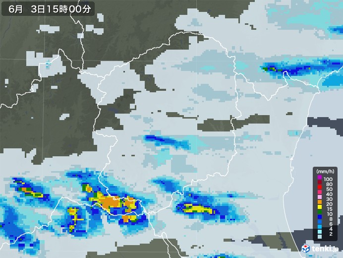 栃木県の雨雲レーダー(2022年06月03日)