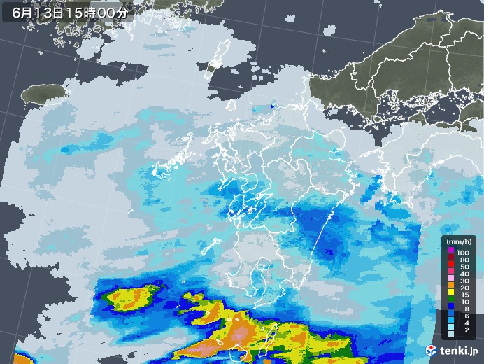 九州地方の雨雲レーダー(2022年06月13日)