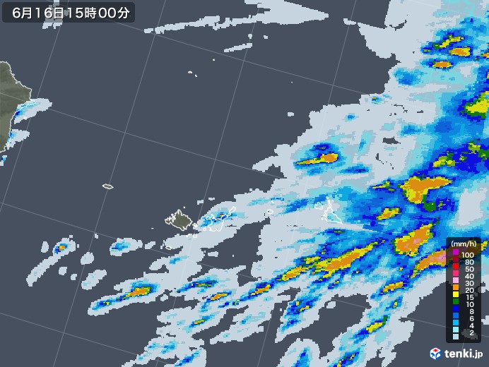 宮古・石垣・与那国(沖縄県)の雨雲レーダー(2022年06月16日)
