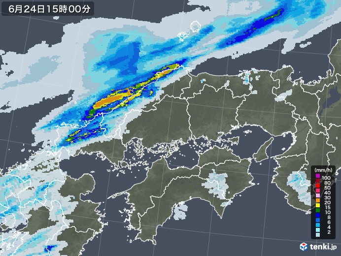 中国地方の雨雲レーダー(2022年06月24日)