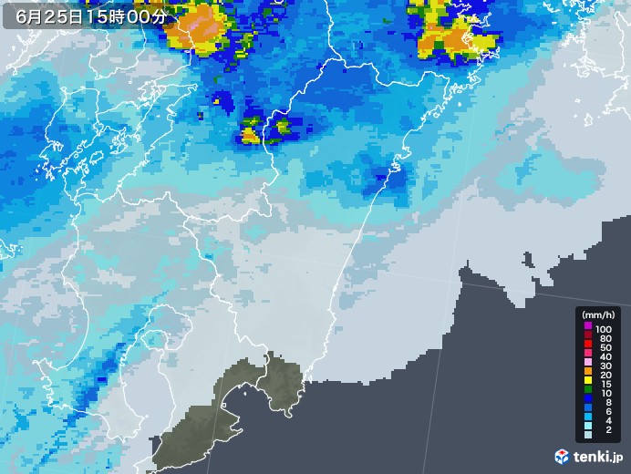 宮崎県の雨雲レーダー(2022年06月25日)