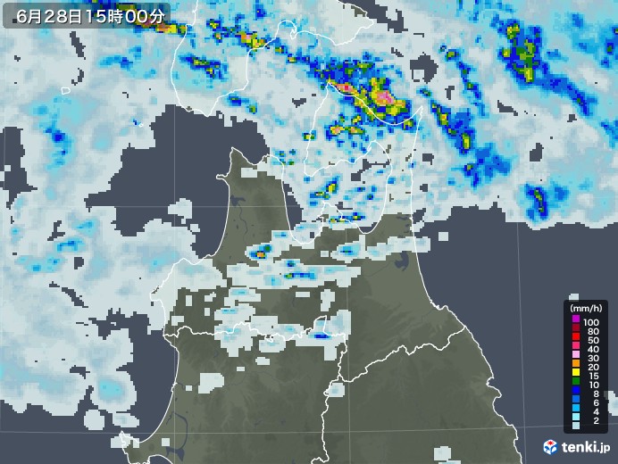 青森県の雨雲レーダー(2022年06月28日)