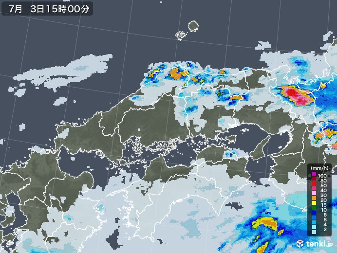 中国地方の雨雲レーダー(2022年07月03日)