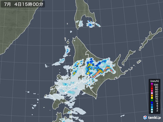 北海道地方の雨雲レーダー(2022年07月04日)