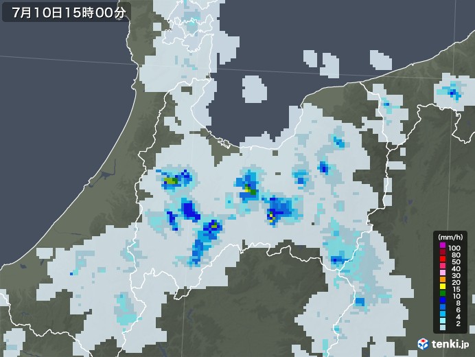 富山県の雨雲レーダー(2022年07月10日)