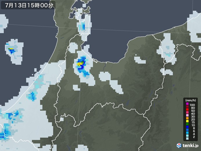 富山県の雨雲レーダー(2022年07月13日)
