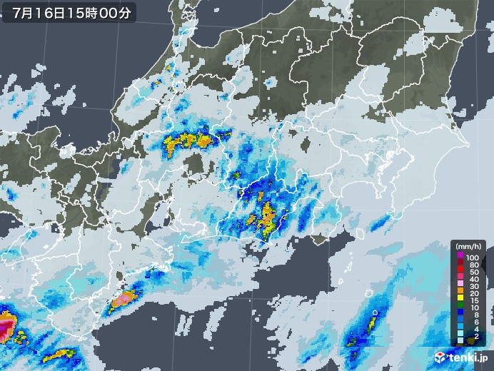 東海地方の雨雲レーダー(2022年07月16日)