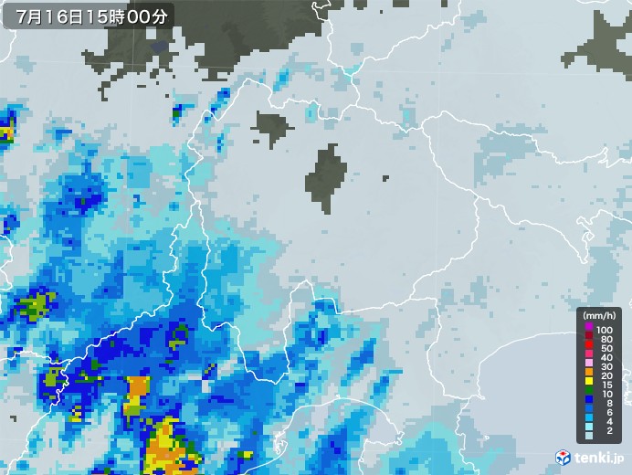 山梨県の雨雲レーダー(2022年07月16日)