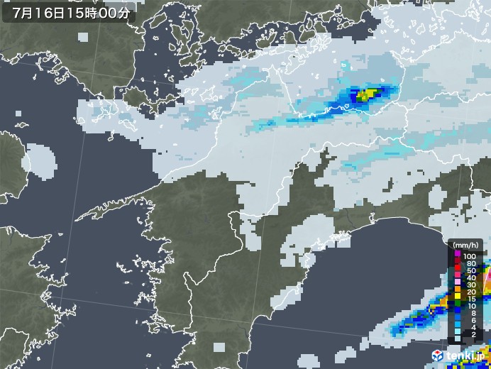 愛媛県の雨雲レーダー(2022年07月16日)