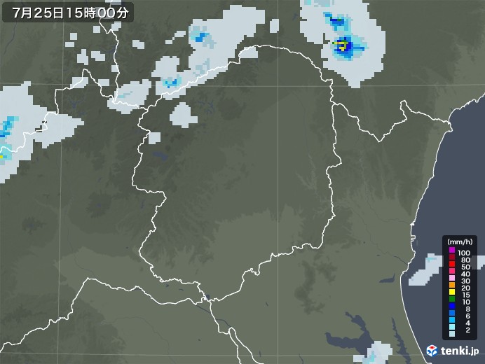 栃木県の雨雲レーダー(2022年07月25日)