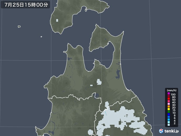 青森県の雨雲レーダー(2022年07月25日)